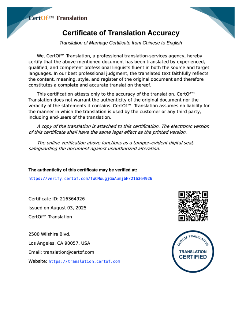 Certificate_Of_Translation_Accuracy_Marriage_Certificate Certificate of Translation Accuracy with verification URL, QR code, certificate ID, and issue date (sample).