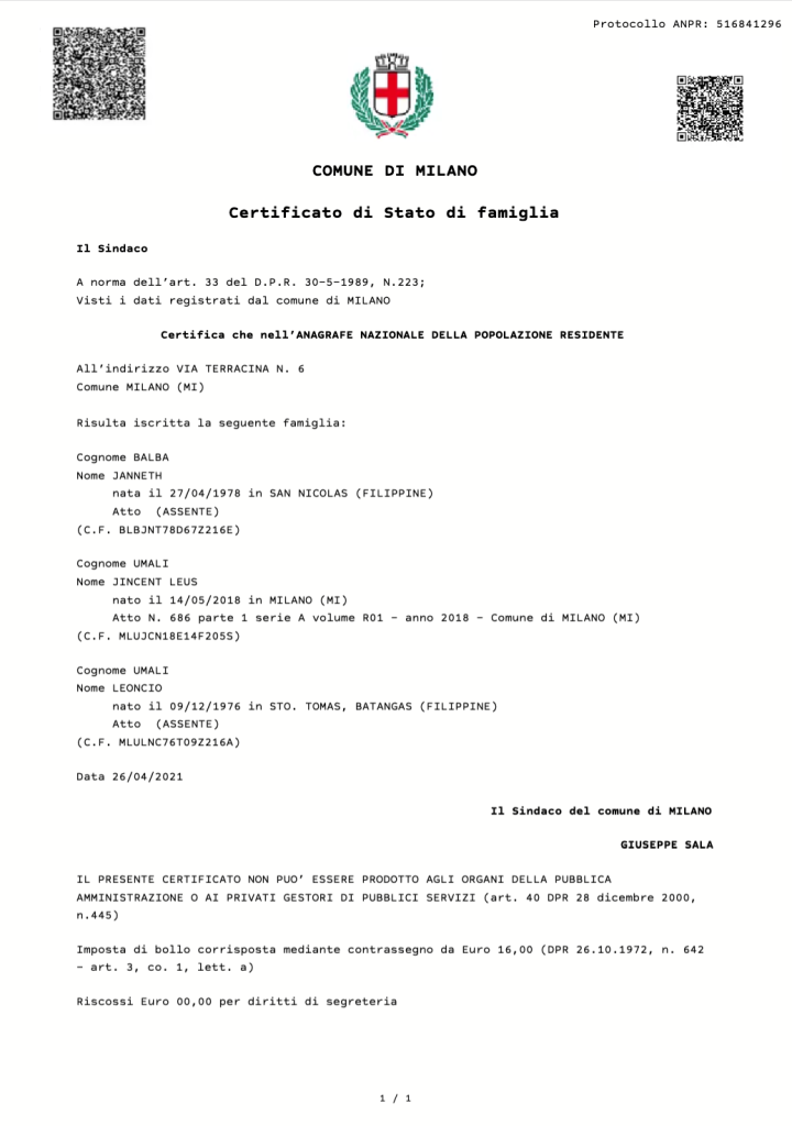 Family Status Certificate