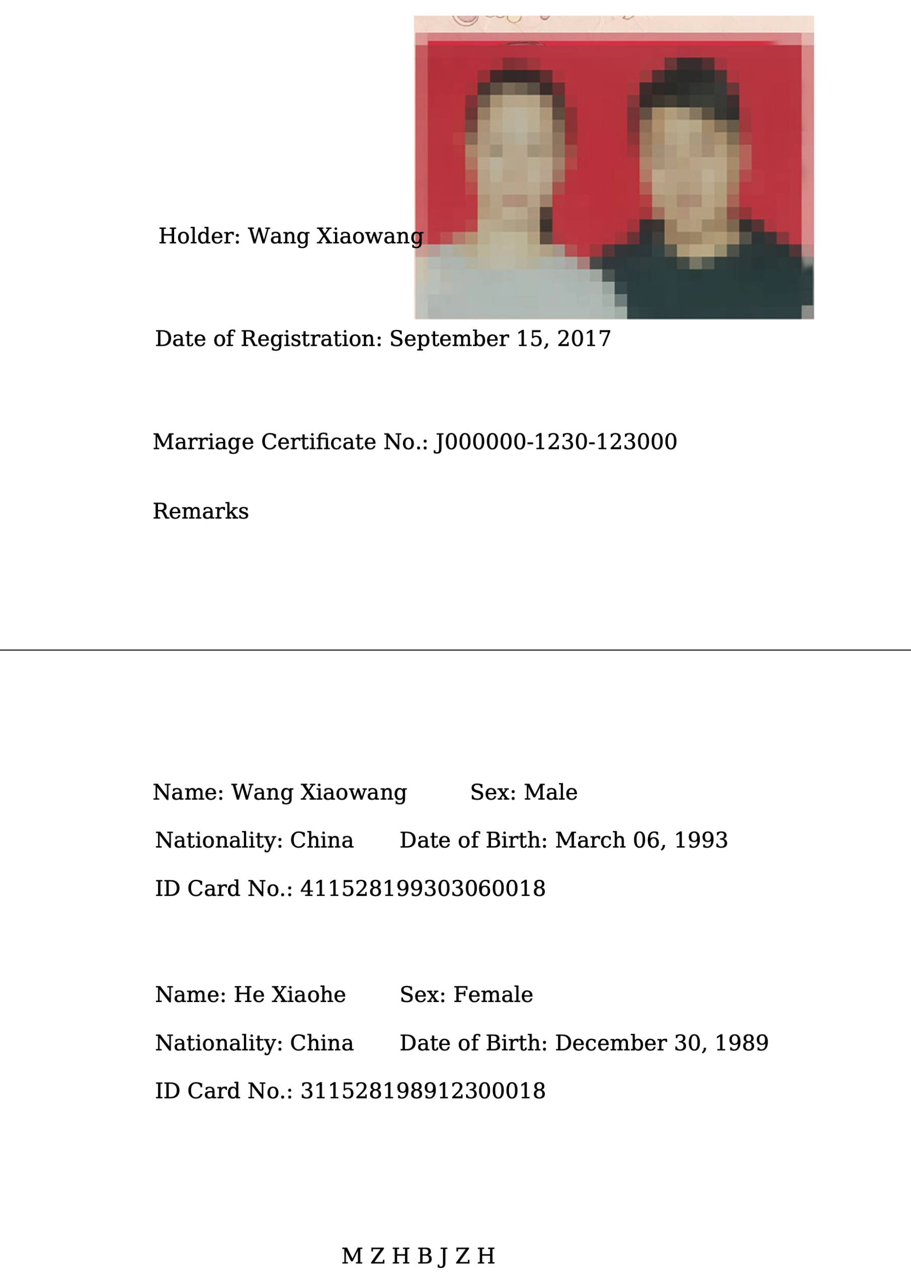 Translated_Document_English_Marriage_Certificate Sample certified translation of a Chinese marriage certificate into English (personal details redacted).