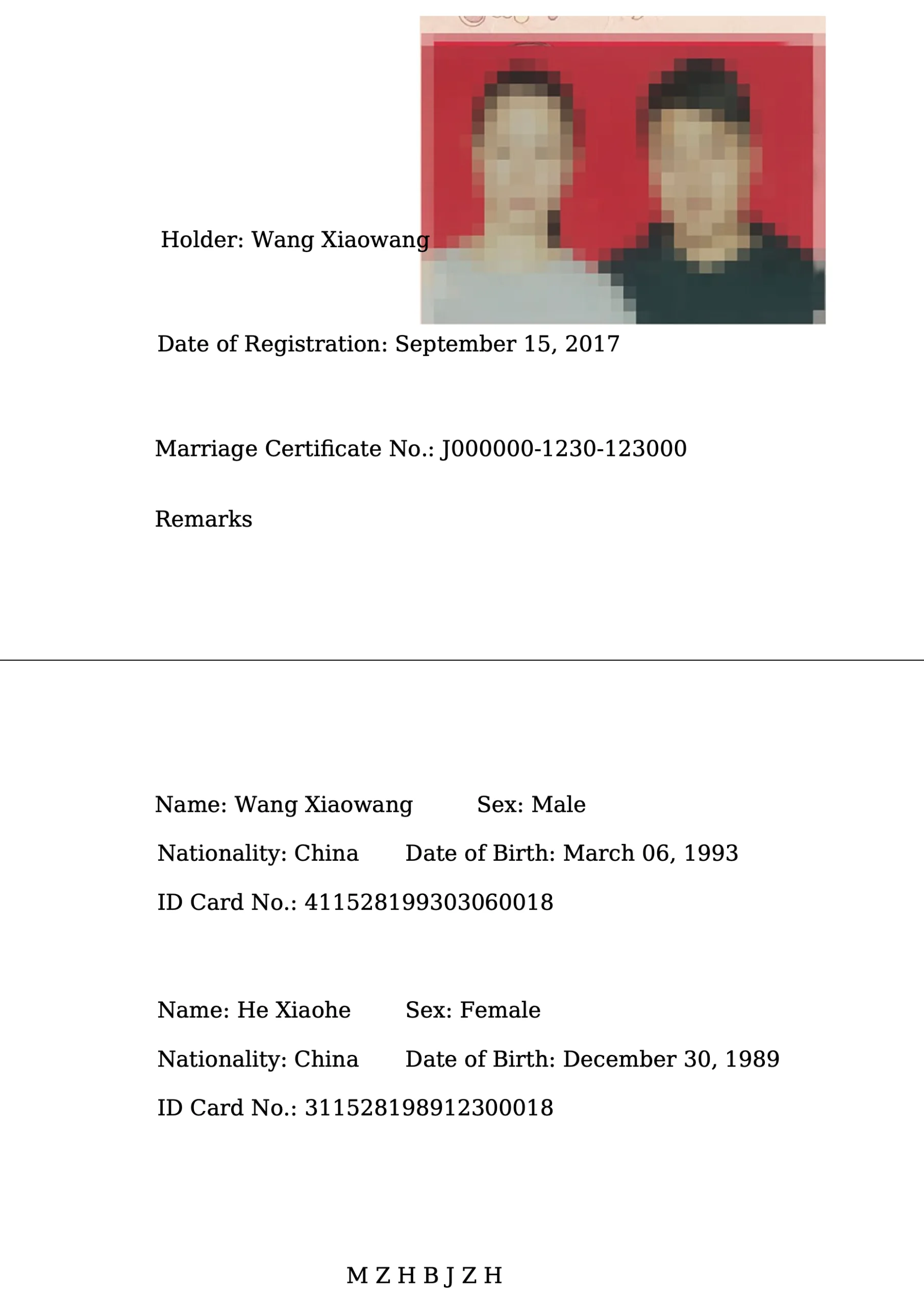 Translated_Document_English_Marriage_Certificate Sample certified translation of a Chinese marriage certificate into English (personal details redacted).