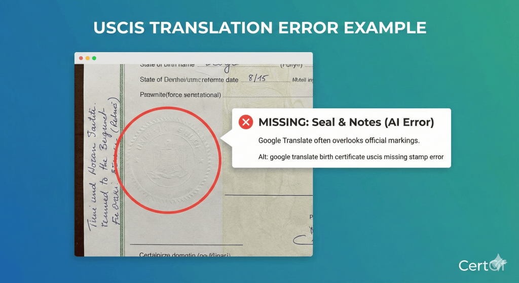 google translate birth certificate uscis missing stamp error