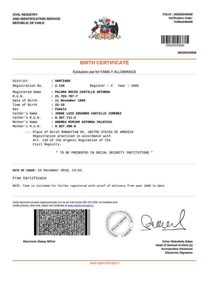 Chilean Birth Certificate – English Translation Sample English translation sample of a Chilean birth certificate with clear structured fields