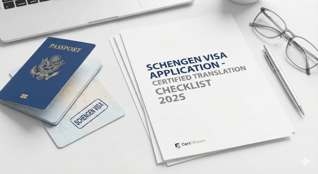 Hero image showing a passport + Schengen Visa paperwork on a desk certified translation for schengen visa document checklist hero image