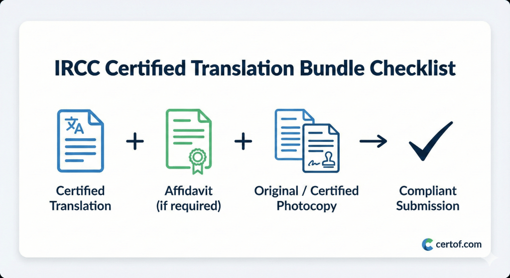 Key Takeaways Card — Translation + Affidavit (if required) Original Certified Photocopy ircc certified translation bundle checklist