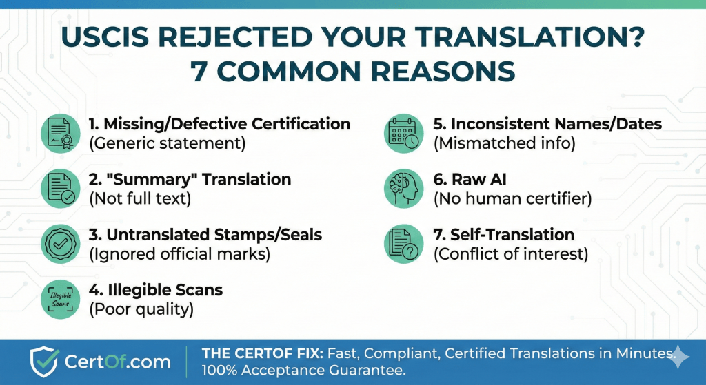 Key takeaways card summarizing the 7 reasons uscis rejected my translation