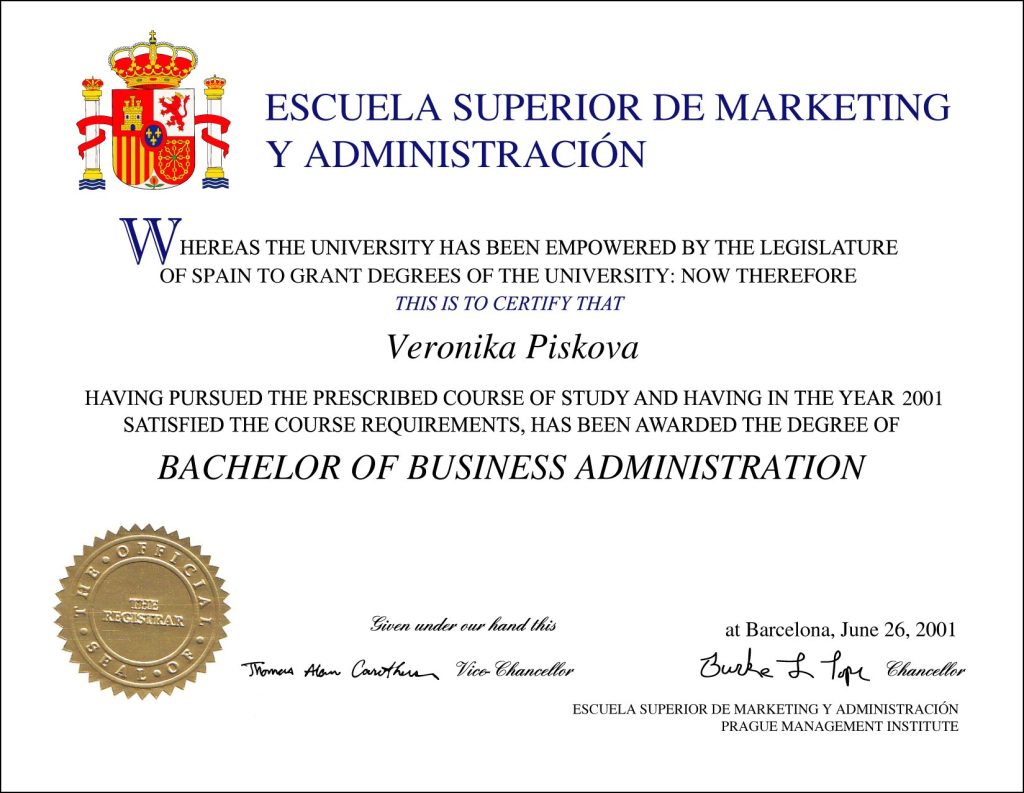 A fictional original diploma from "Escuela Superior de Marketing y Administración" issued to Veronika Piskova, featuring a colorful Spanish coat of arms at the top left and a gold embossed registrar seal at the bottom left.