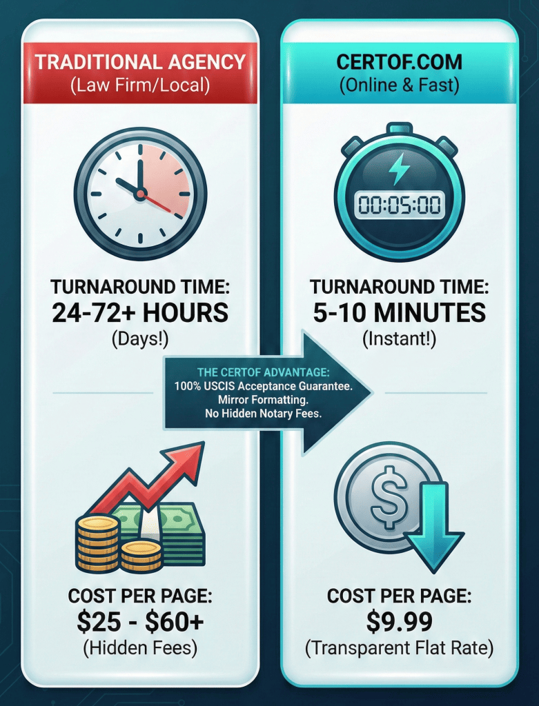 fast certified translation rfe services comparison chart between CertOf and traditional agencies