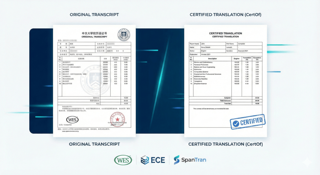 certified translation of academic transcripts for WES ECE SpanTran with mirror formatting