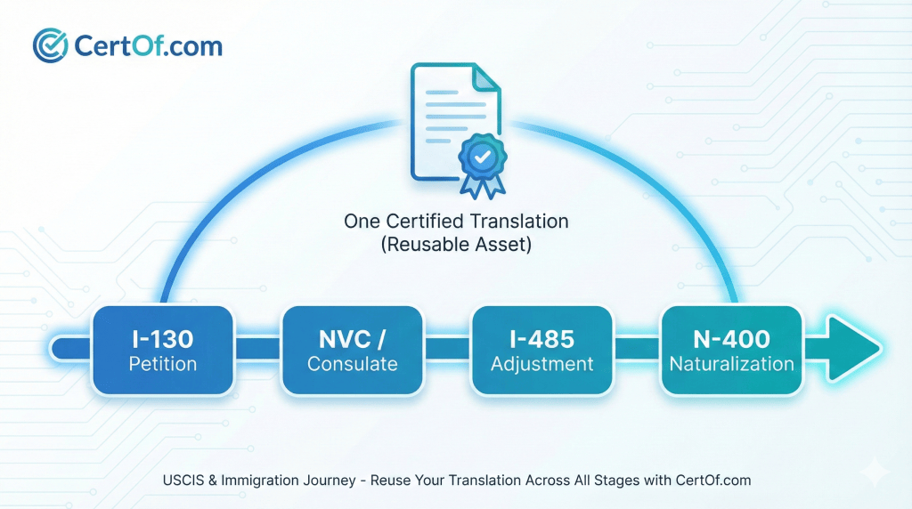 one certified translation reused across all stages timeline showing reuse of one certified translation across multiple uscis stages