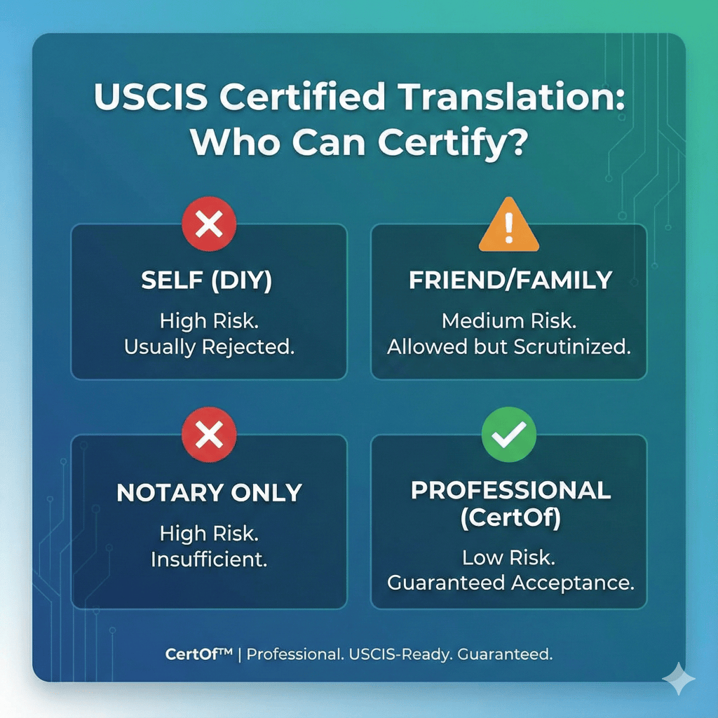 Who can certify a translation for USCIS key takeaways card