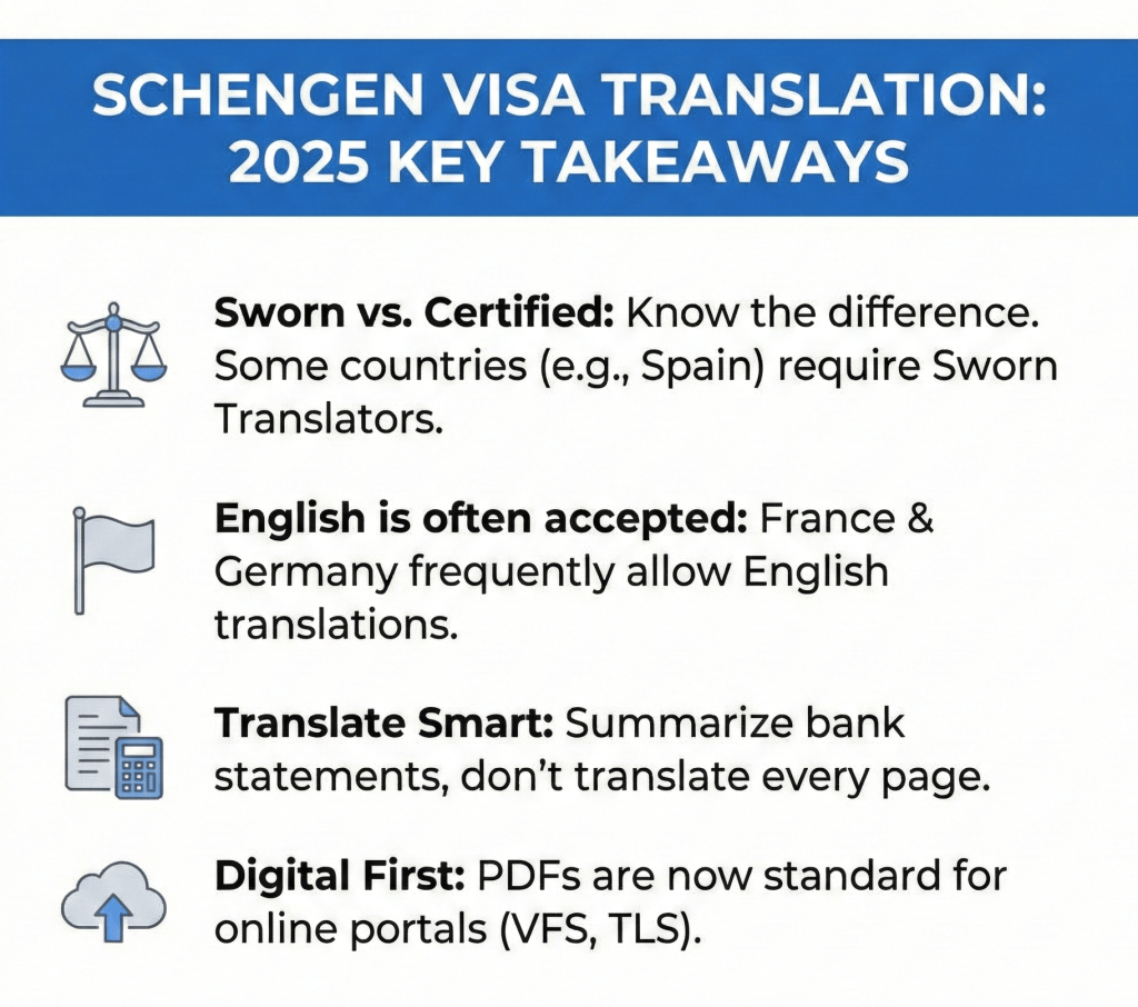 visual card with 4 bullets EU schengen visa translation key takeaways sworn vs certified