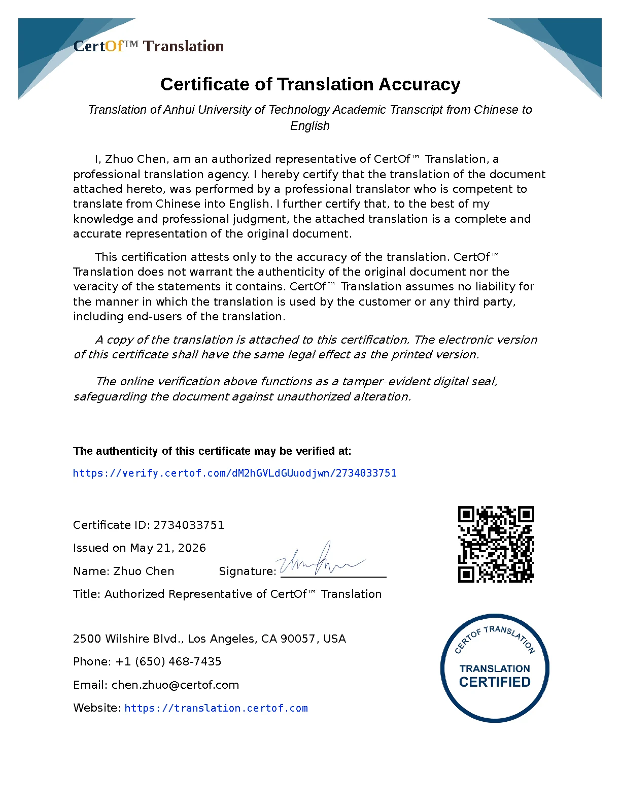 Academic Transcript - Certificate of Translation Accuracy for Chinese to English