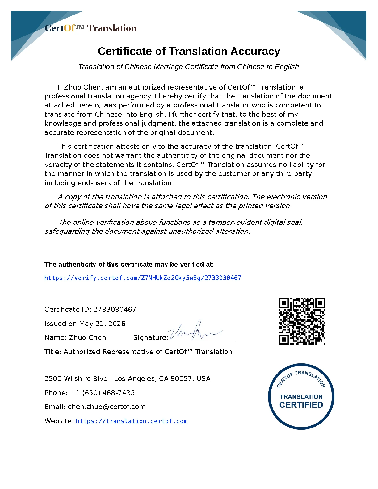 Marriage Certificate - Certificate of Translation Accuracy for Chinese to English