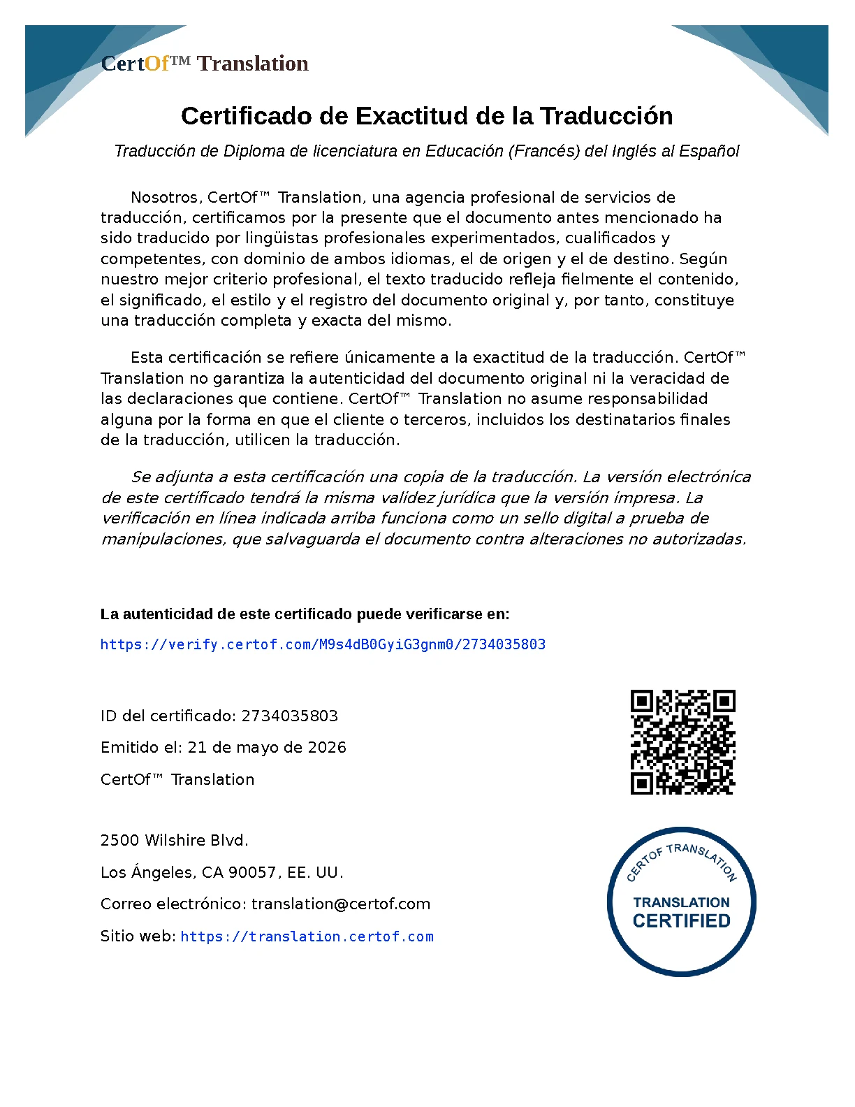 French Diploma - Certificate of Translation Accuracy for English to Spanish