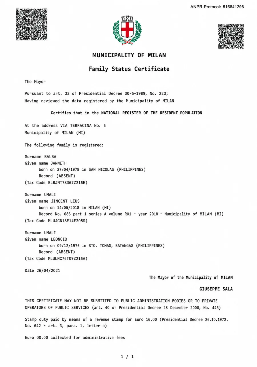 Family Status Certificate - translated document in English