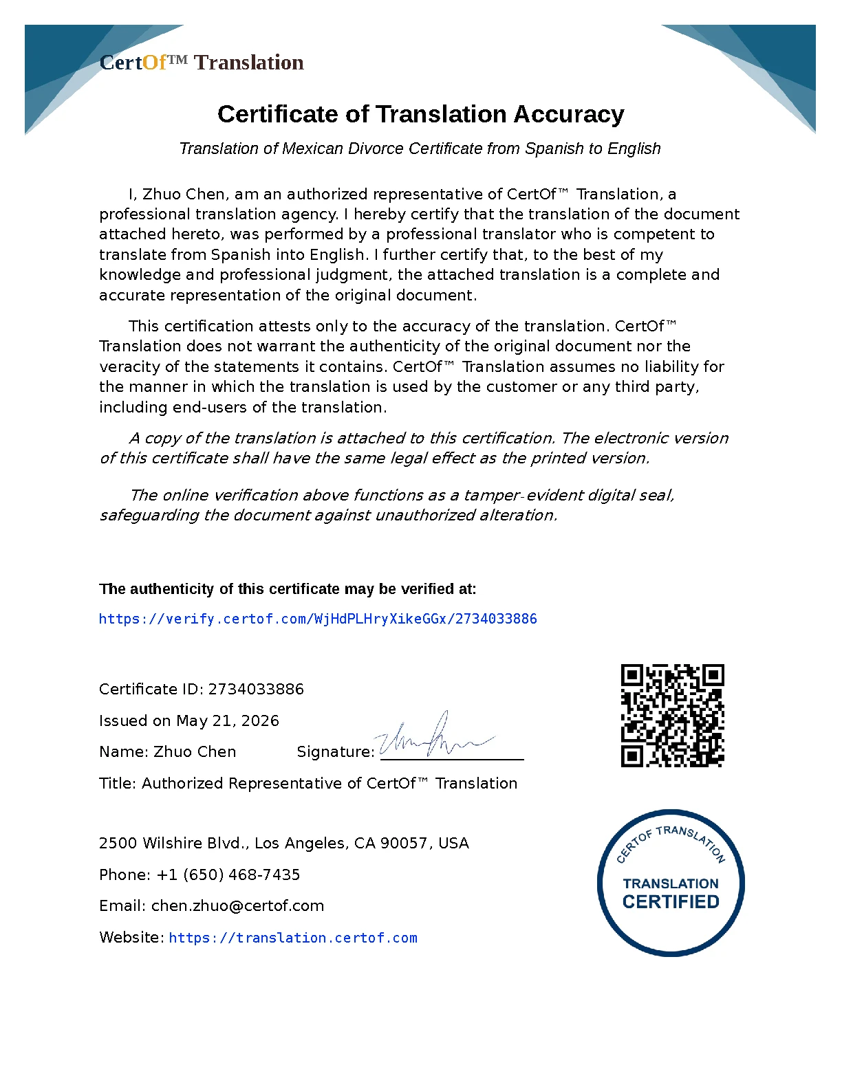 Divorce Certificate - Certificate of Translation Accuracy for Spanish to English