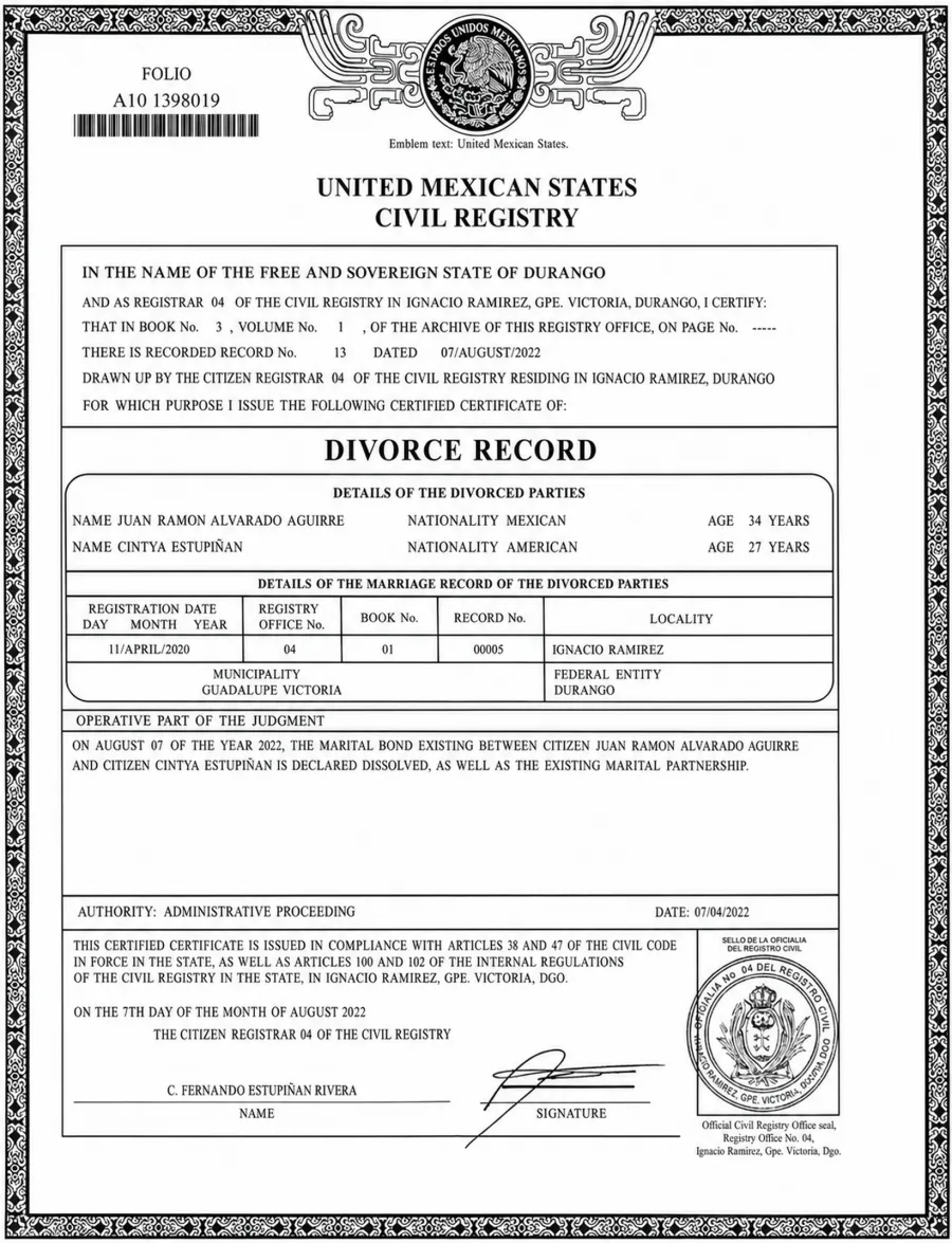 Divorce Certificate - translated document in English