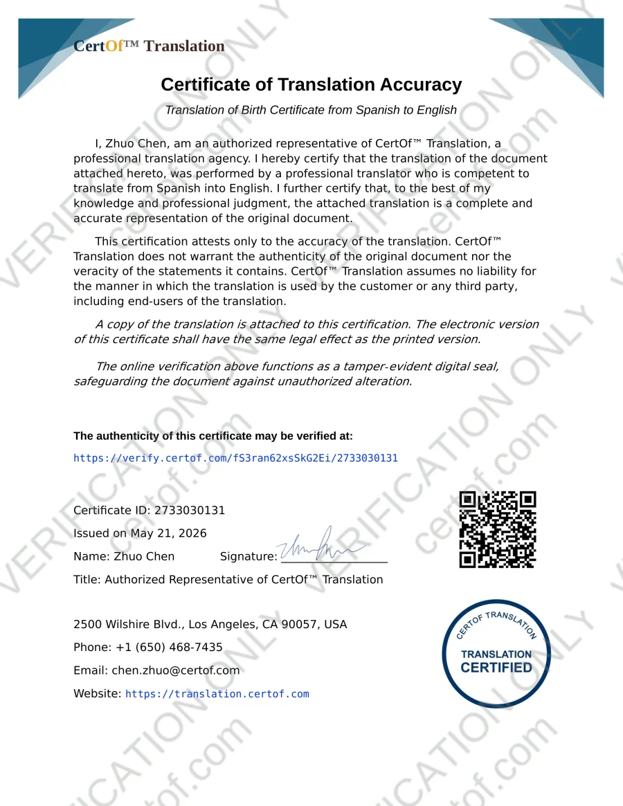 CertOf Certificate of Translation Accuracy for a Spanish-to-English birth certificate translation