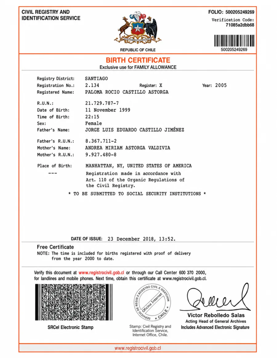 English translation sample of a Chilean birth certificate with clear structured fields