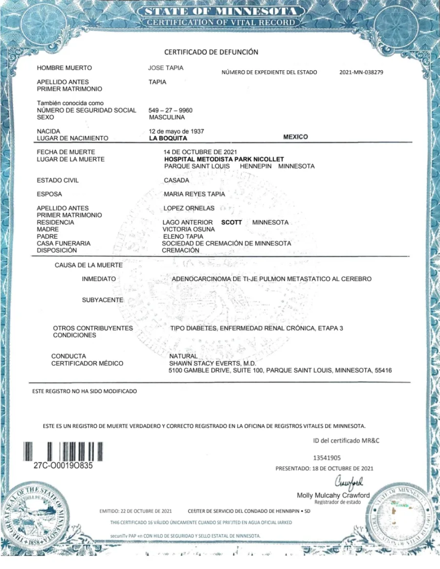 Death Certificate - original document in Spanish