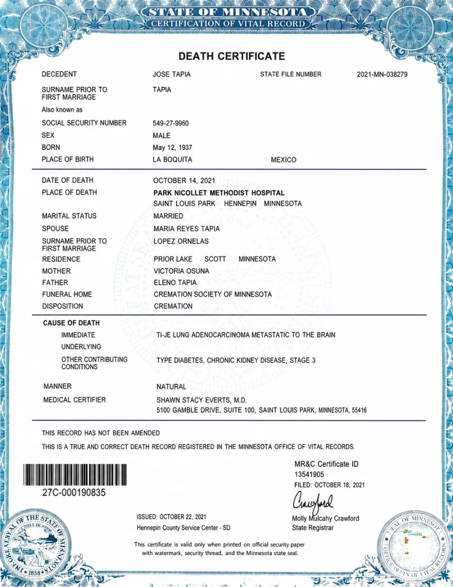 Death Certificate - translated document in English