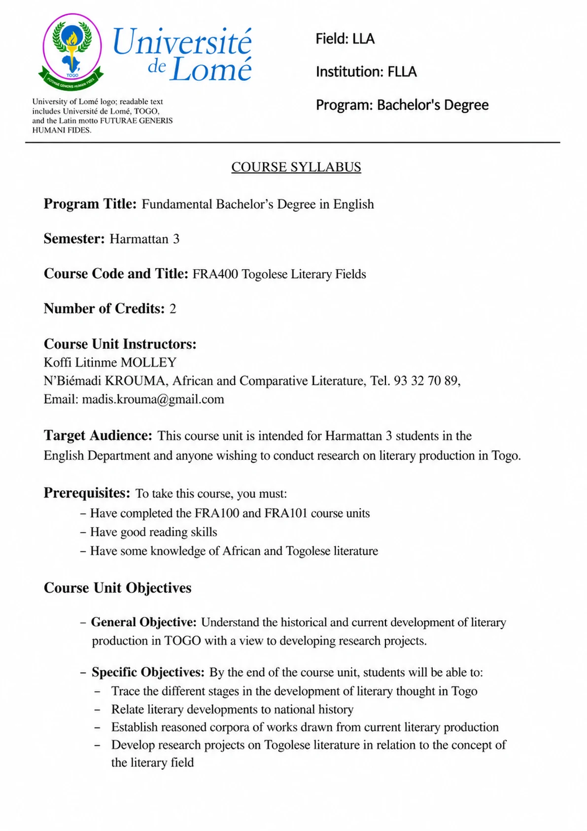Course Syllabus - translated document in English