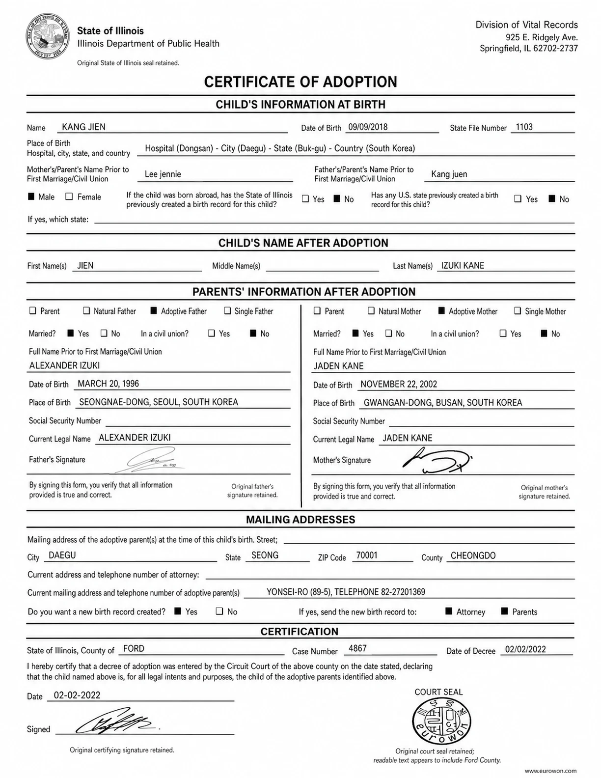 Adoption Certificate - translated document in English
