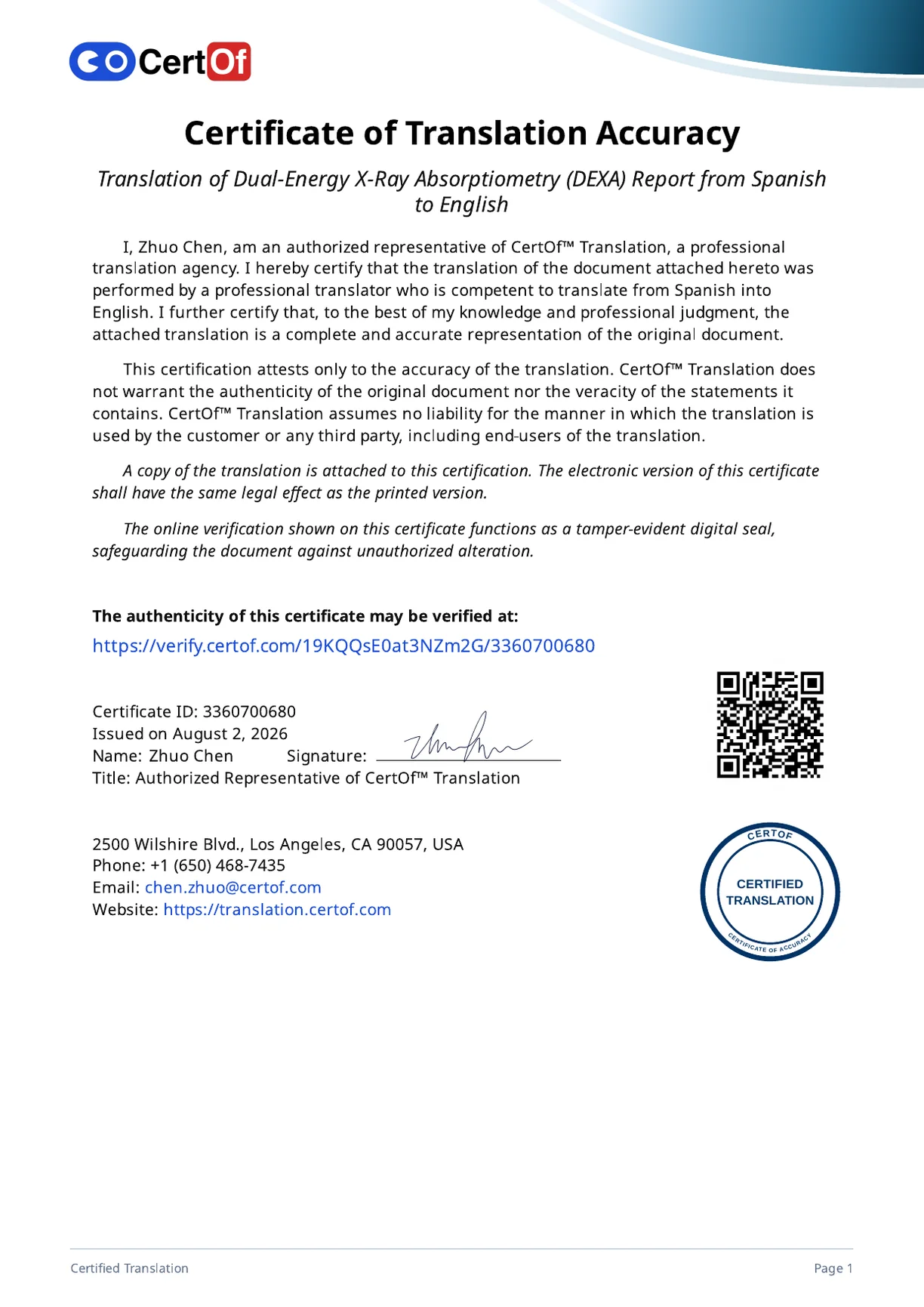 Certificate of Translation Accuracy for DEXA Medical Report