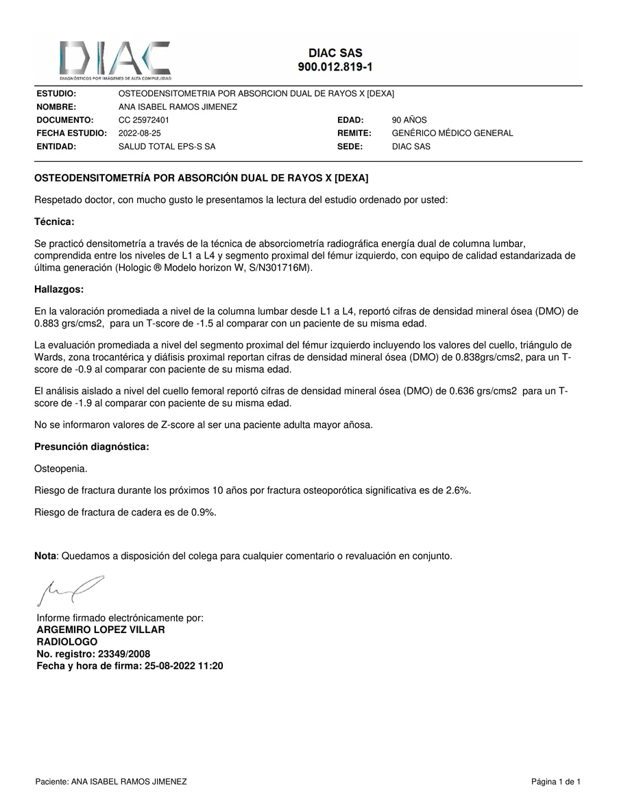 Original DEXA Medical Report sample in Spanish