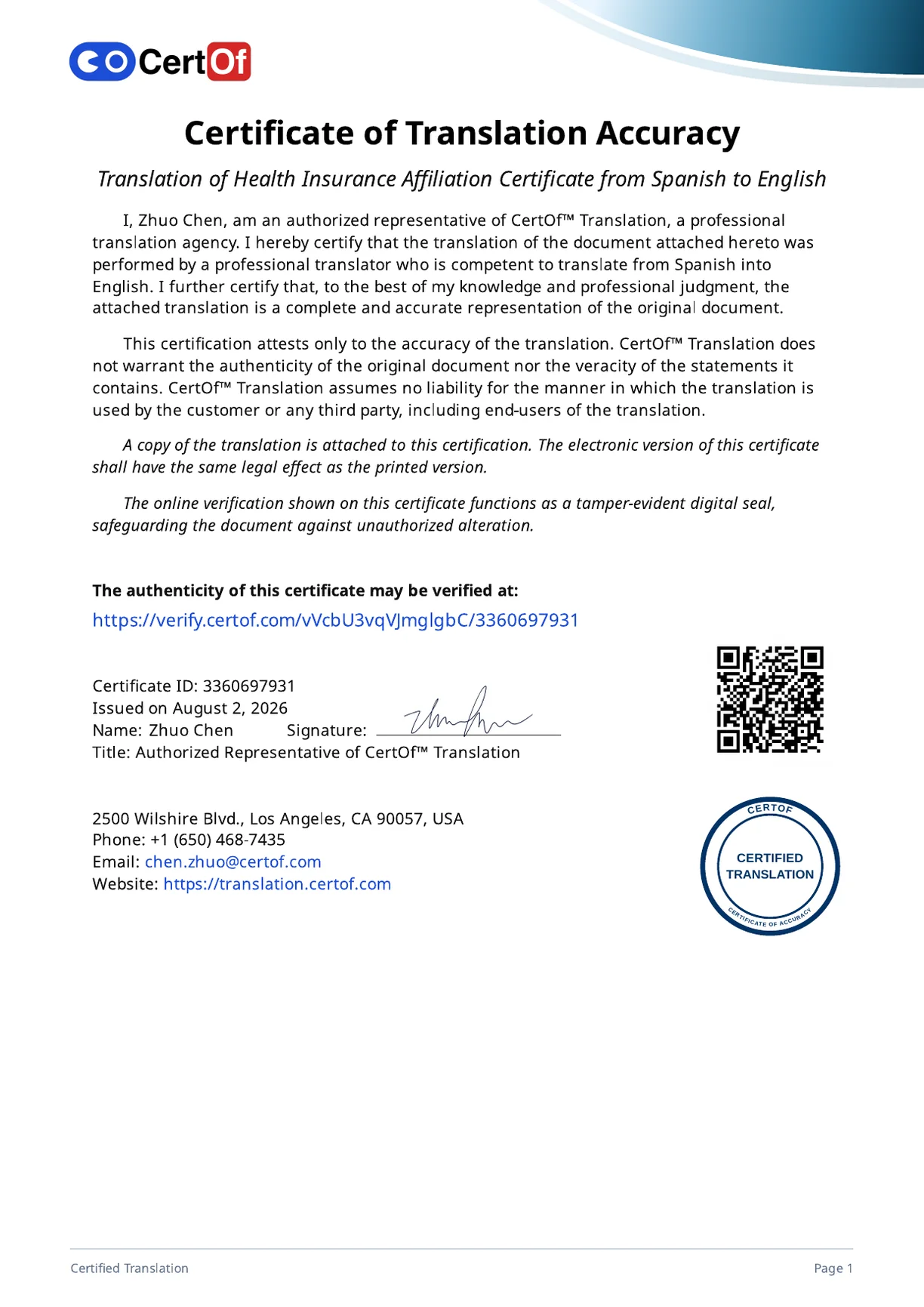 Certificate of Translation Accuracy for Health Insurance Affiliation Certificate