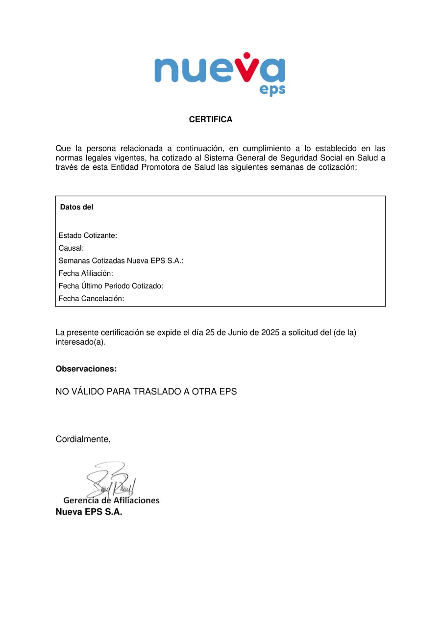 Original Health Insurance Affiliation Certificate sample in Spanish