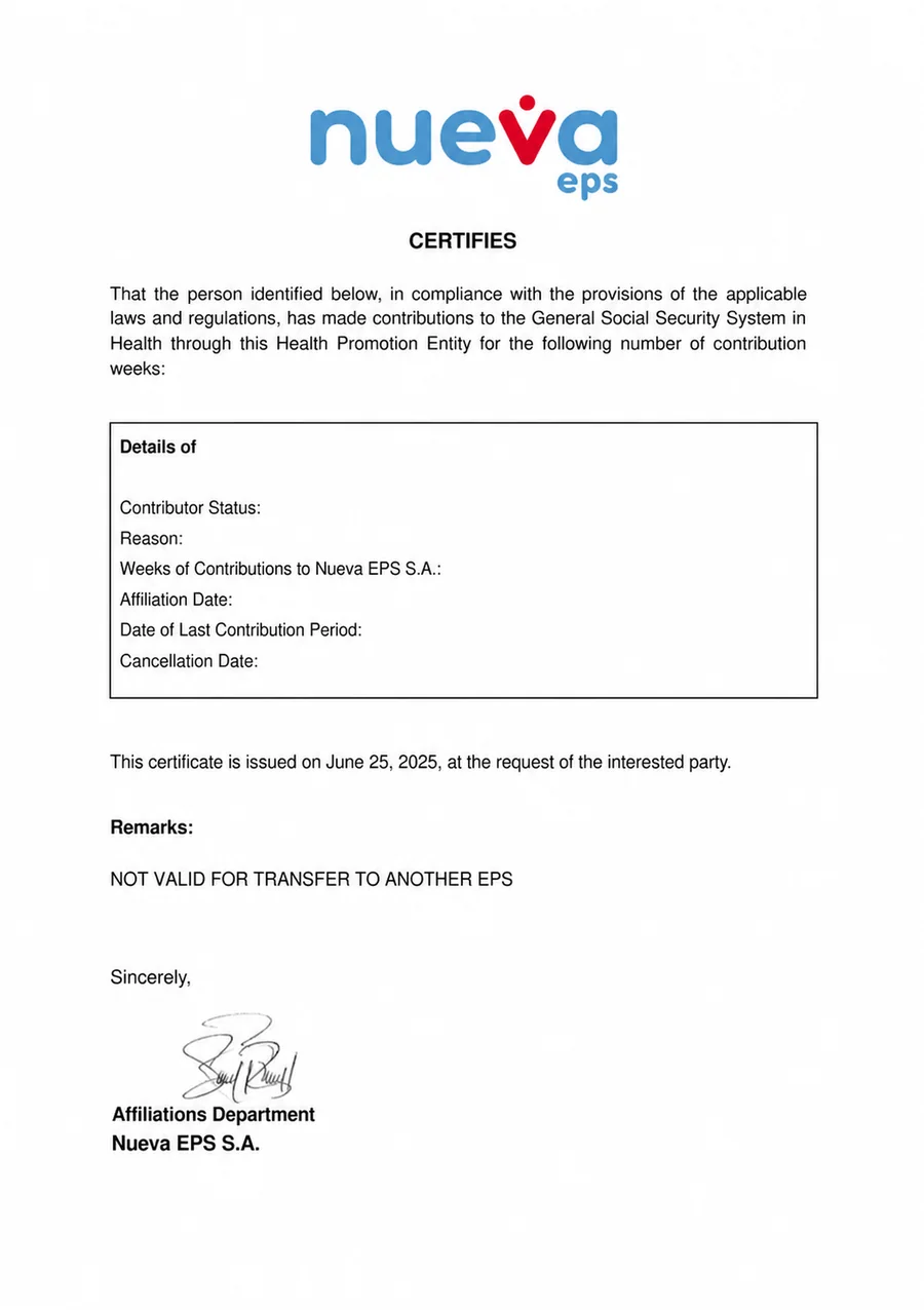 English certified translation sample of Health Insurance Affiliation Certificate