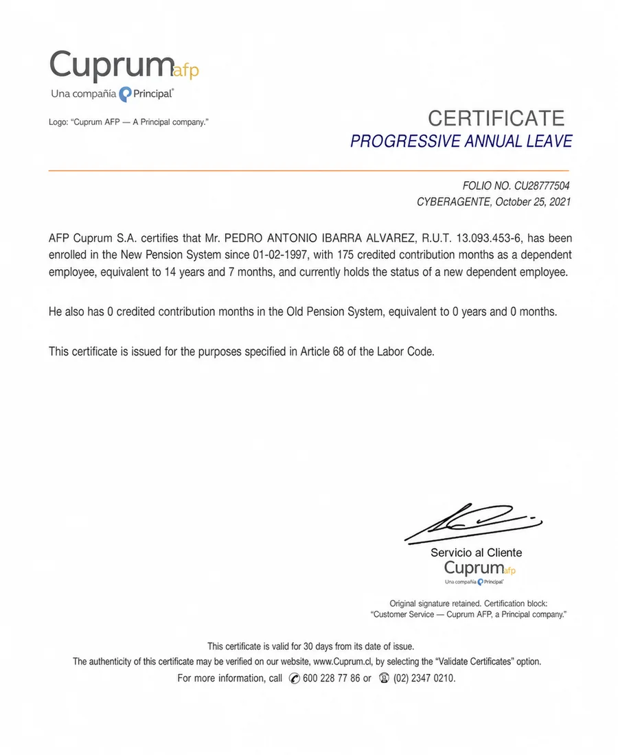 English certified translation sample of Progressive Vacation and Contribution Certificate