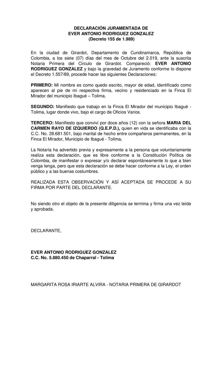Original Sworn Declaration sample in Spanish