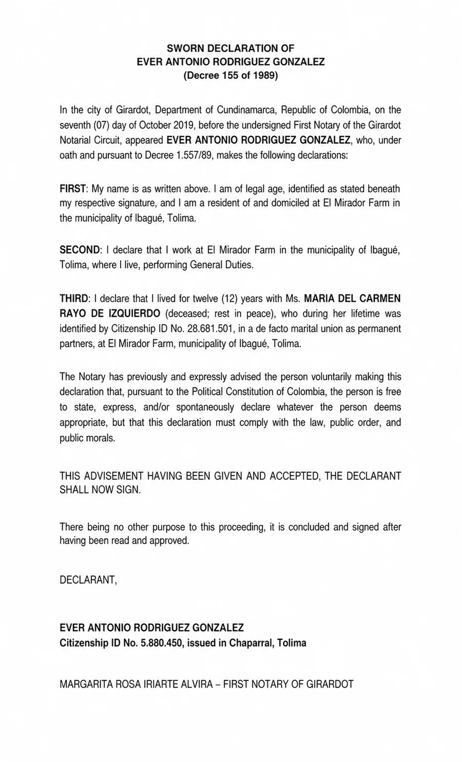 English certified translation sample of Sworn Declaration