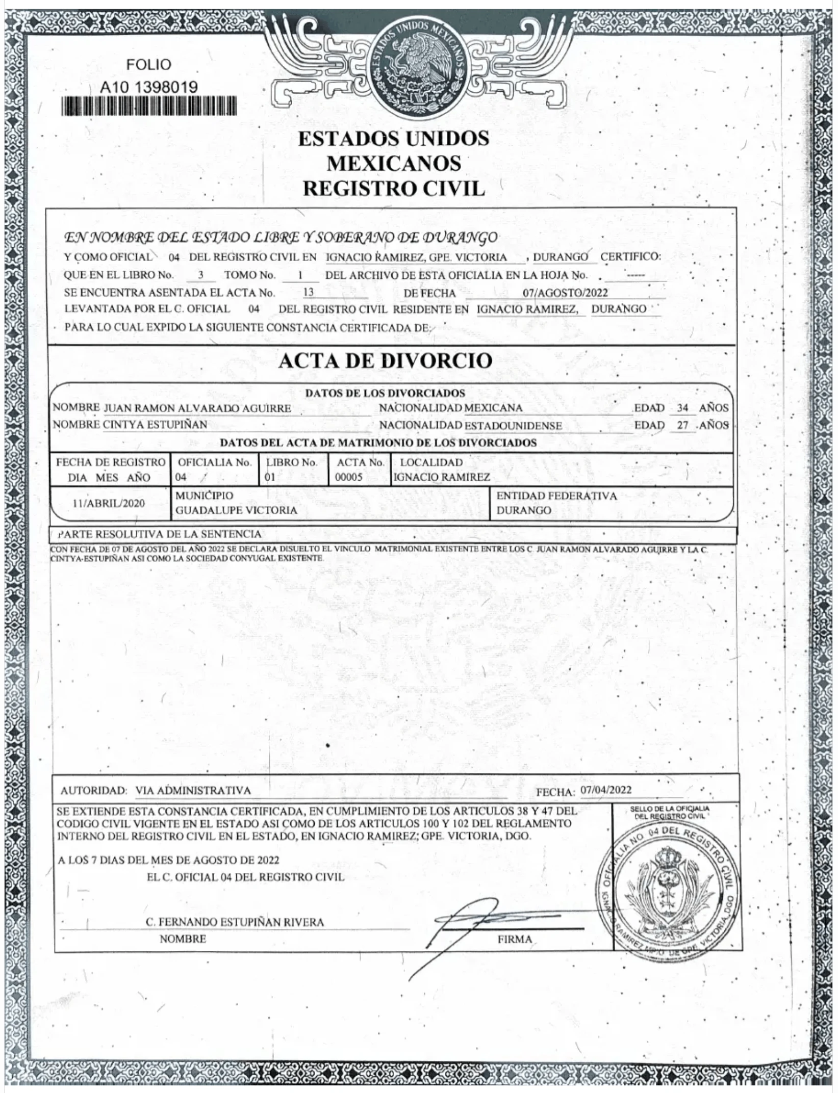 Свідоцтво про розірвання шлюбу — оригінал іспанською мовою