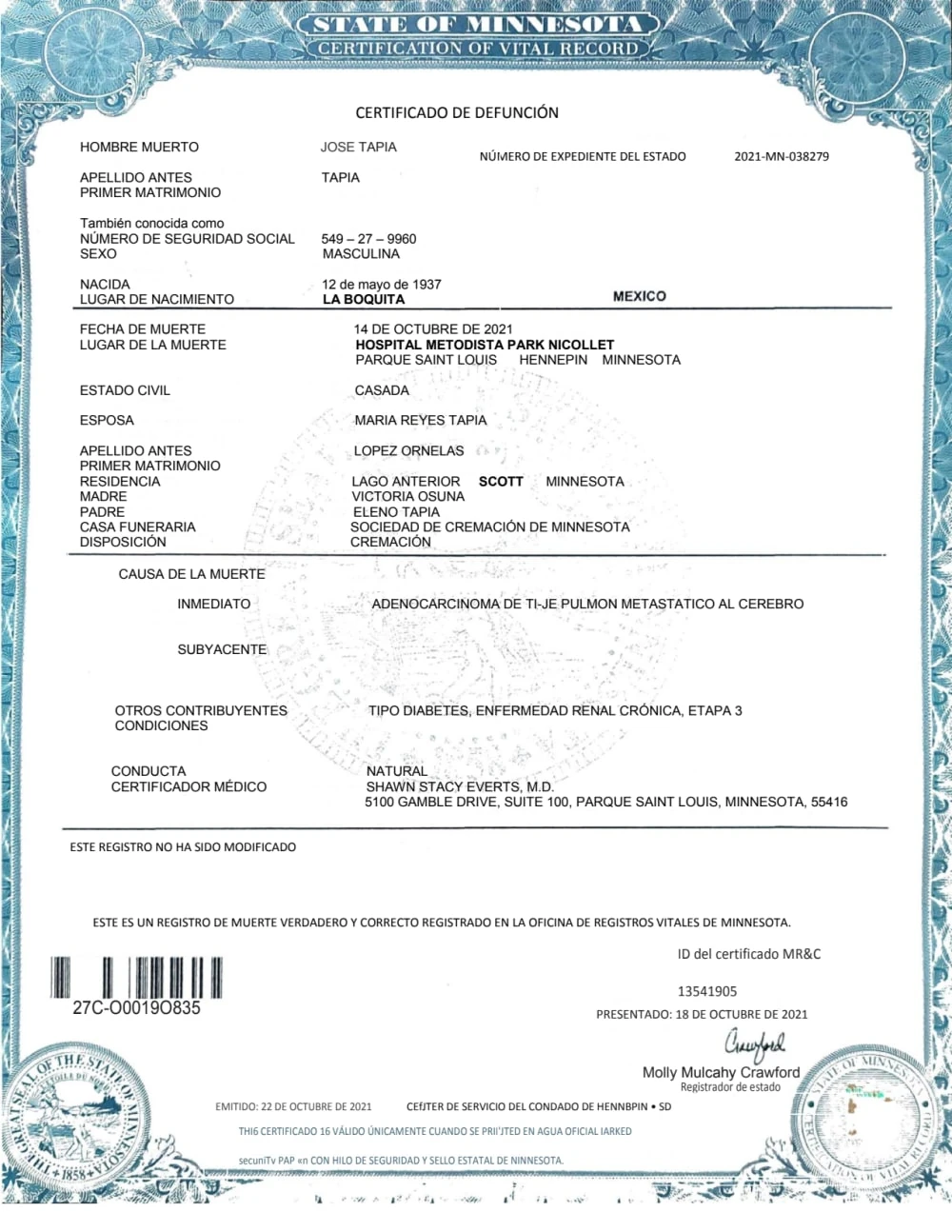 Свідоцтво про смерть — оригінал іспанською мовою